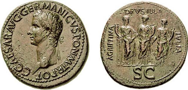 Abbild einer römische Münze (Sesterz) aus dem Jahre 37/38 n. Chr.