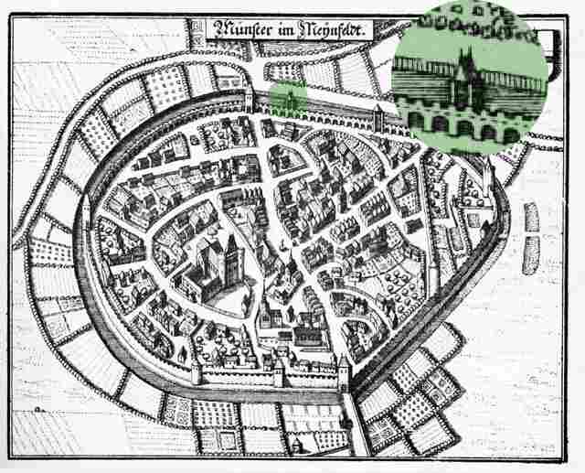 Lage des Wehrturmes, Stich von Merian, nach Braun Hogenberg, 1576