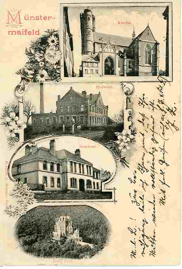 Postkarte mit Seminar (1890) und Molkerei (1896)
